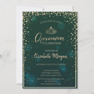 Chic Gold Tiara, Diamonds Green Quinceañera Einladung