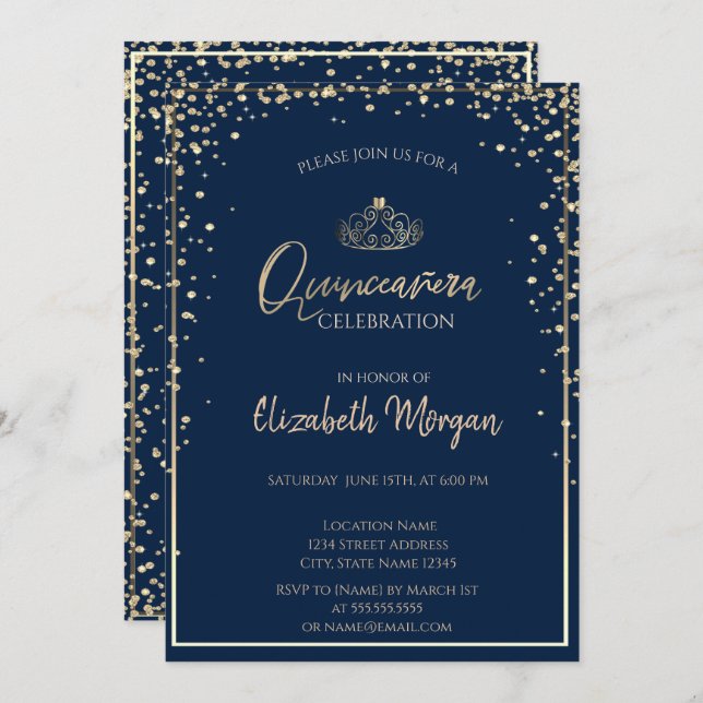 Chic Gold Tiara, Diamonds Quinceañera Einladung (Vorne/Hinten)