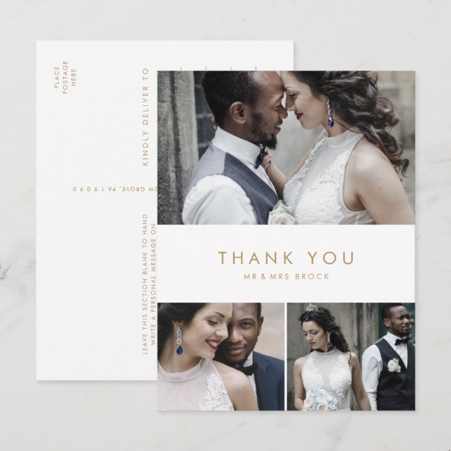 Chic Gold Typografie 3 FotoCollage Vielen Dank Postkarte (Vorne/Hinten)