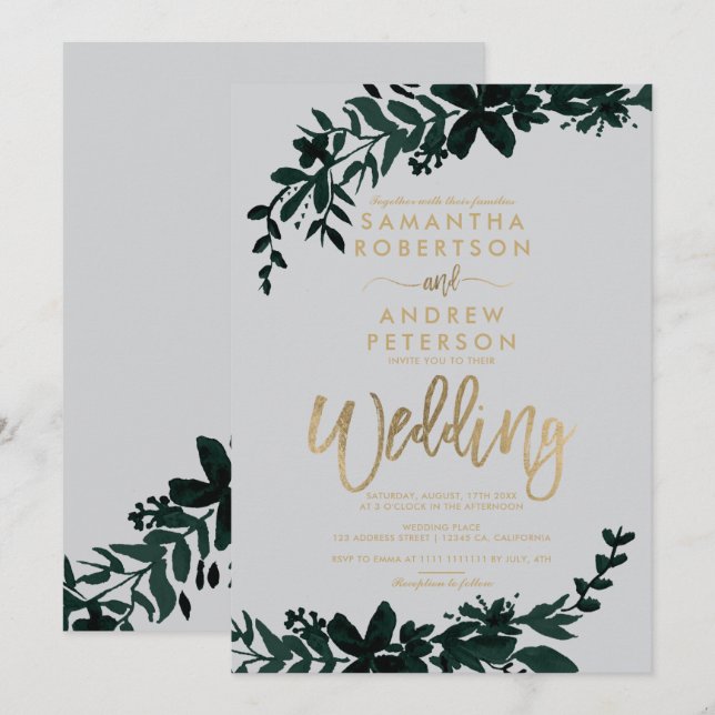 Chic gold typografie Floral graue Hochzeit Einladung (Vorne/Hinten)