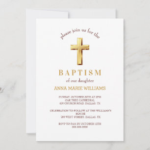 Chic Gold Typografie Minimalistische Cross Baptiss Einladung