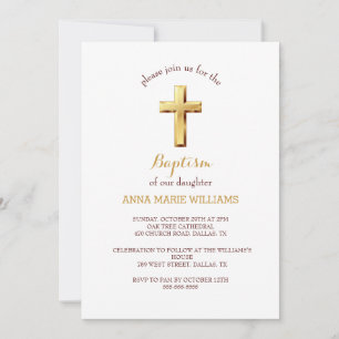 Chic Gold Typografie Minimalistische Cross Baptiss Einladung