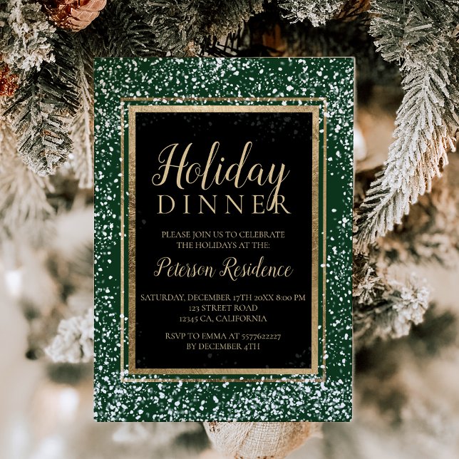 Chic gold Typografie Schnee Feier grün Einladung (Chic gold typography snow holiday party green invitation)