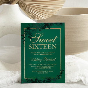Chic gold typografisch florgrün Blatt Sweet 16 Einladung