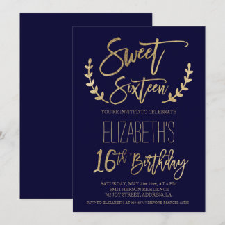 Chic Gold Typografy blauen 16 . Geburtstag Einladung