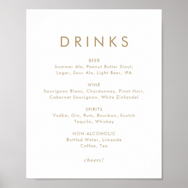 Chic Gold Typografy Wedding Drinks Menu Sign Poster (Vorne)