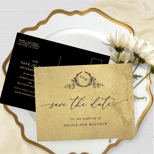 Chic Gold und Black Monogram Wedding Save the Date Postkarte (Von Creator hochgeladen)
