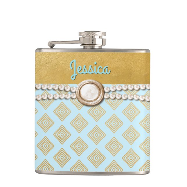 Chic Gold und Blue Bridesmaid Custom Flask Flachmann (Vorderseite)