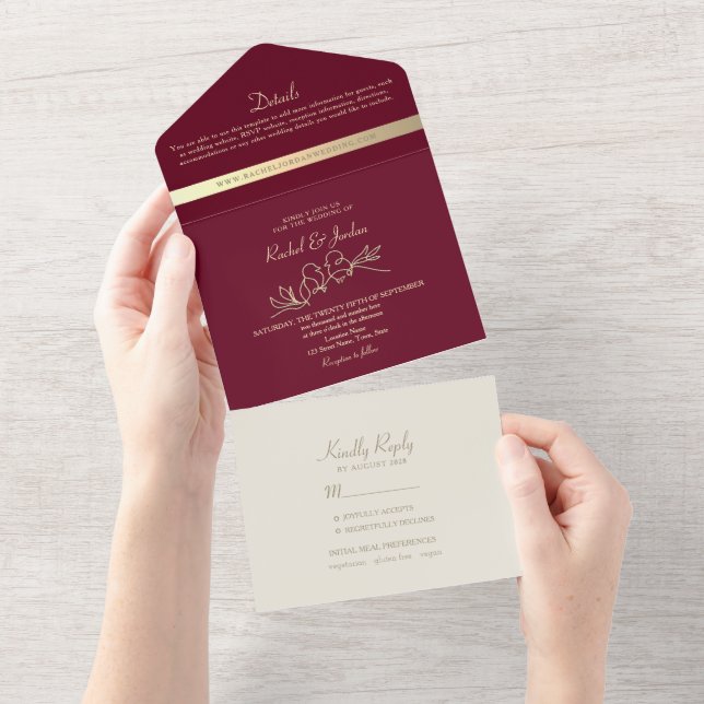 Chic Gold und Burgundy Wedding All In One Einladung (Abreißen)