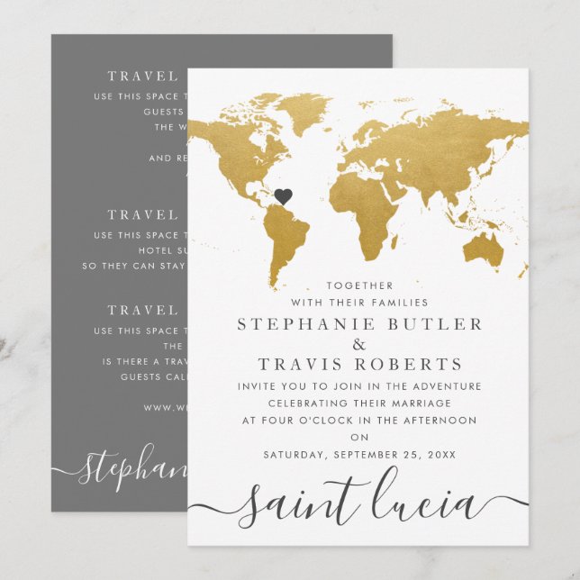 Chic Gold und Gray World Map Wedding Einladung (Vorne/Hinten)