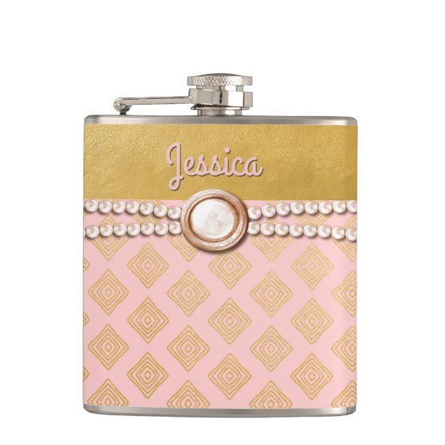Chic Gold und Pink Bridesmaid Custom Flask Flachmann (Vorderseite)