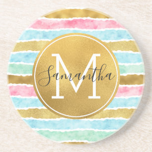 Chic Gold Watercolor Stripes Monogram Untersetzer