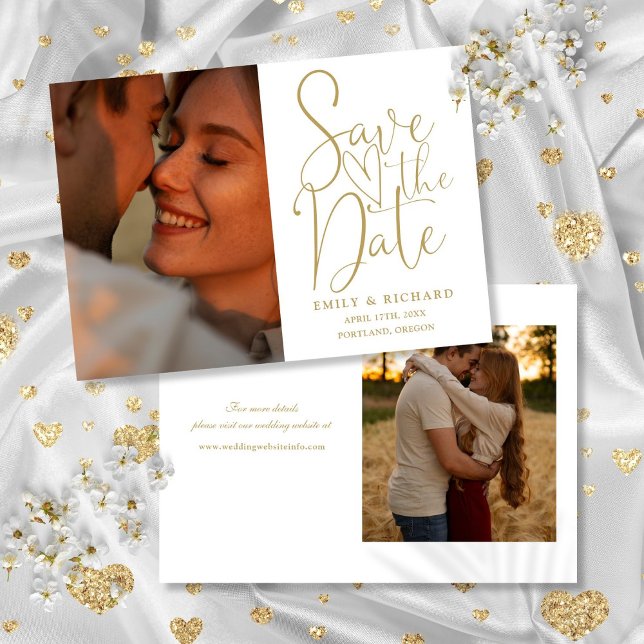 Chic Gold Wedding 2 Foto Elegantes Skript Save The Date (Chic Gold Wedding 2 Photo Elegant Script Save The Date)
