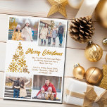 Chic Gold Weihnachtsbaum Familie Foto Collage Feiertagskarte<br><div class="desc">Eine schicke Weihnachtskarte mit dem Foto Ihrer Familie,  die um einen wunderschönen Baum aus goldenen Schneeflocken mit Frohen Weihnachten und Ihrer persönlichen Botschaft gekleidet ist. Personalisieren Sie mit Ihren 5 Lieblings-Fotos und einem kompletten Vertikalfoto auf der Rückseite dieser angesagten Schneeflockkarte.</div>