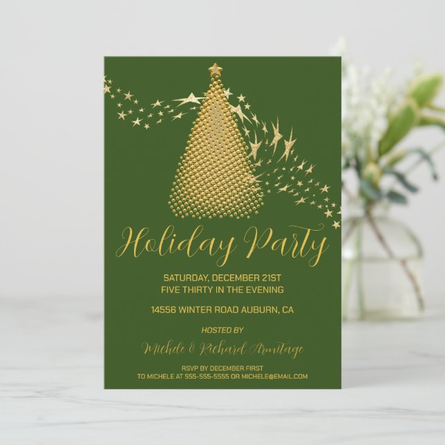 Chic Gold Weihnachtsbaum Feier Einladung (Stehend Vorderseite)