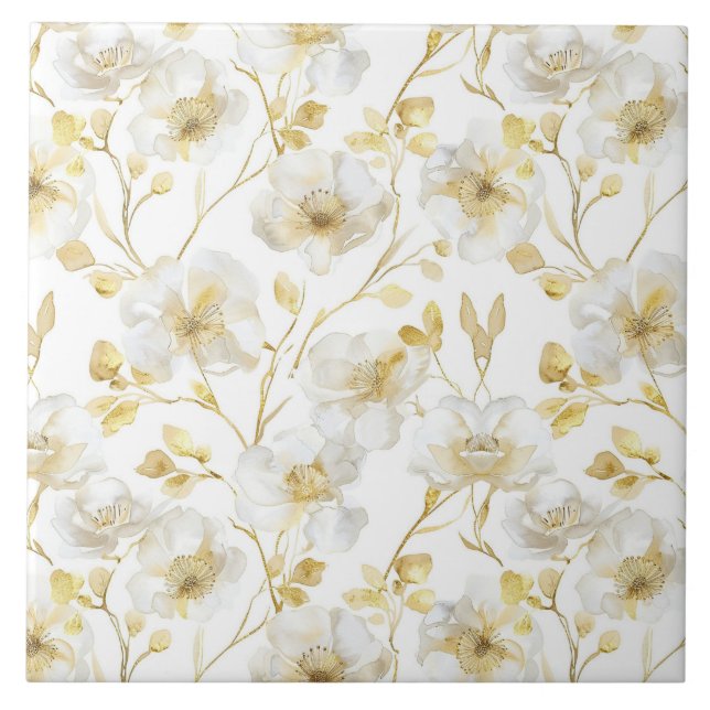 Chic Gold White Blume Brautparty Fliese (Vorderseite)
