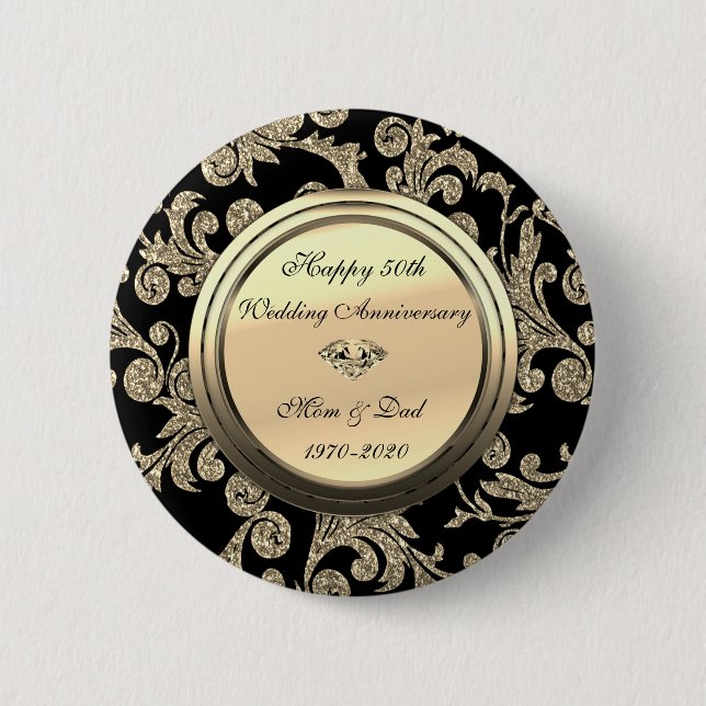 Chic Gold Wirbel Black 50. Hochzeitstag Button (Vorderseite)