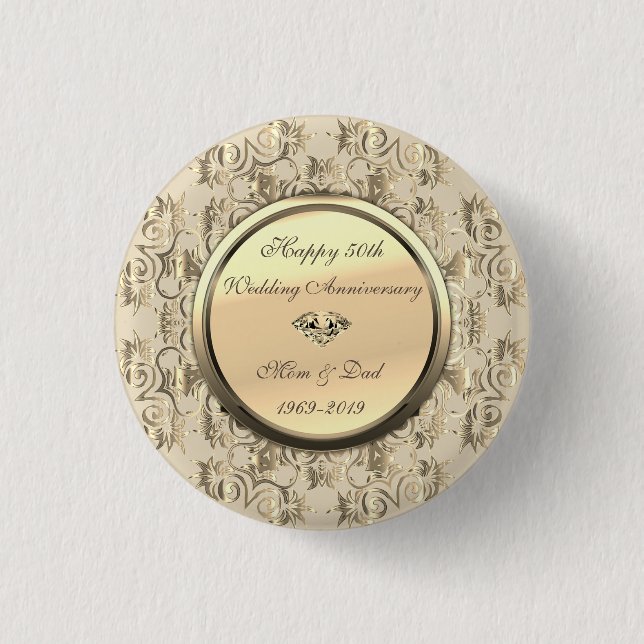 Chic Gold Wirbel Diamond 50 Jahre Hochzeit Button (Vorderseite)