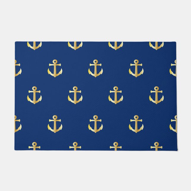 Chic Gold Yellow Anchor Muster auf dunkelblau Fußmatte (Vorderseite)