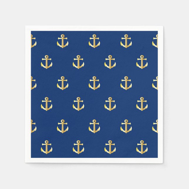 Chic Gold Yellow Anchor Muster auf dunkelblau Serviette (Vorderseite)