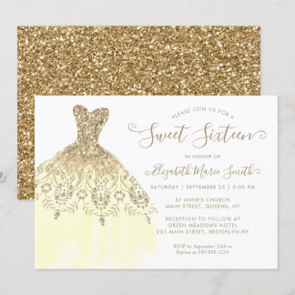 Chic Gold Yellow Glitzer Dress Sweet 16. Geburtsta Einladung