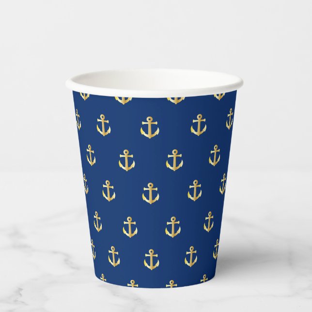 Chic Gold Yellow Nautical Anchors Pattern auf blau Pappbecher (Vorderseite)