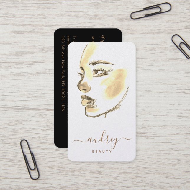 Chic Golden Beauty Watercolor Malskript Visitenkarte (Vorderseite/Rückseite Beispiel)