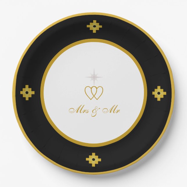 Chic Golden Black & White Wedding Pappteller (Vorderseite)