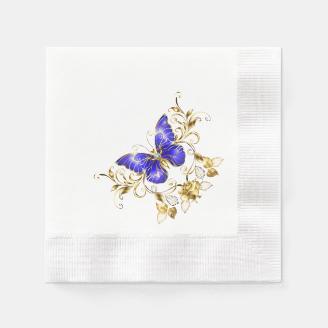 Chic Golden Blume & Blue Schmetterlinge mit Monogr Serviette (Vorderseite)