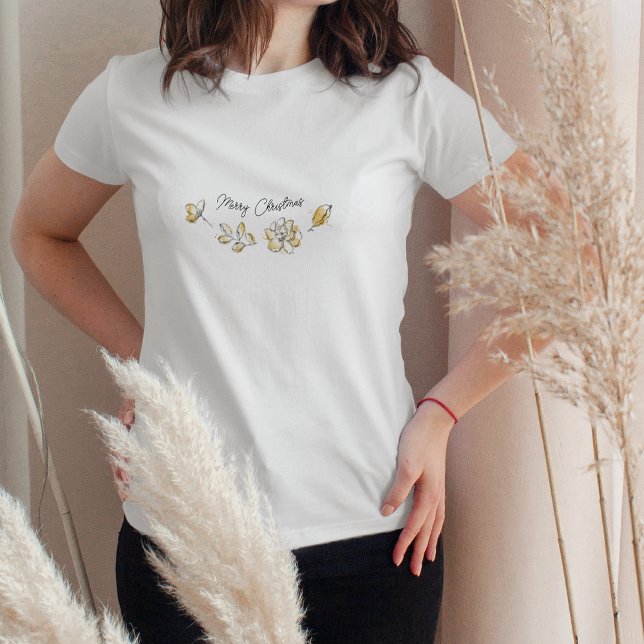 Chic Golden Botanical Floral Frohe Weihnachten T-Shirt (Von Creator hochgeladen)