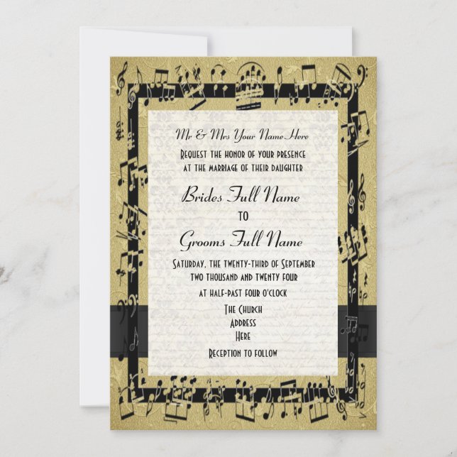 Chic golden elegante Musik Blatt formale Hochzeit Einladung (Vorderseite)