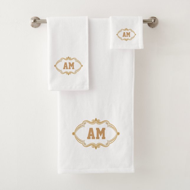 Chic Golden Monogram on Simple Minimalistisch Whit Badhandtuch Set (Insitu)