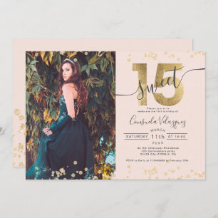 Chic Goldfolie Confetti Foto rot Quinceanera Einladung