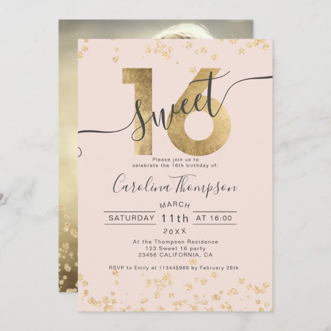 Chic Goldfolie Confetti rot Sweet 16 Foto Einladung (Vorne/Hinten)