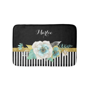 Chic-Goldminzen-Blumen mit schwarzen Streifen und Badematte