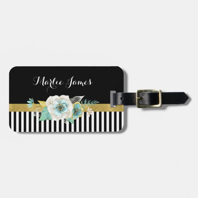 Chic-Goldminzen-Blumen mit schwarzen Streifen und Gepäckanhänger (Vorderseite horizontal)