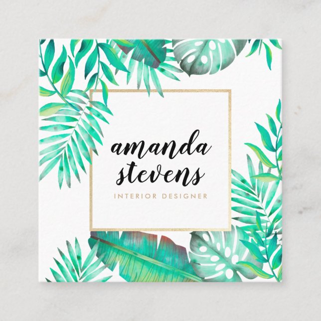 Chic Goldrahmen Aquarell tropische grüne Blätter Quadratische Visitenkarte (Vorderseite)
