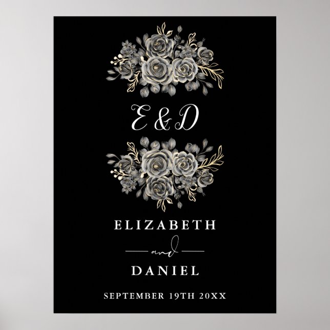 Chic Gothic Floral Monogram Wedding Sign Poster (Vorne)