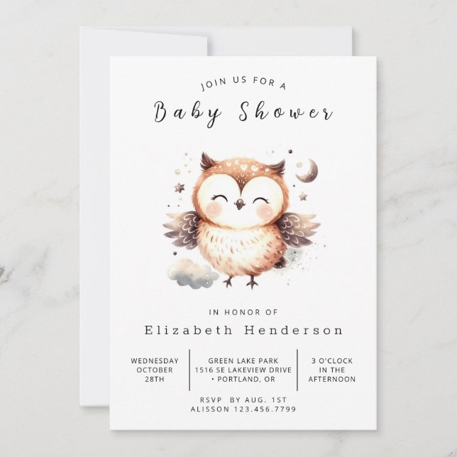 Chic Graceful Owl Baby Dusche Einladung (Vorderseite)