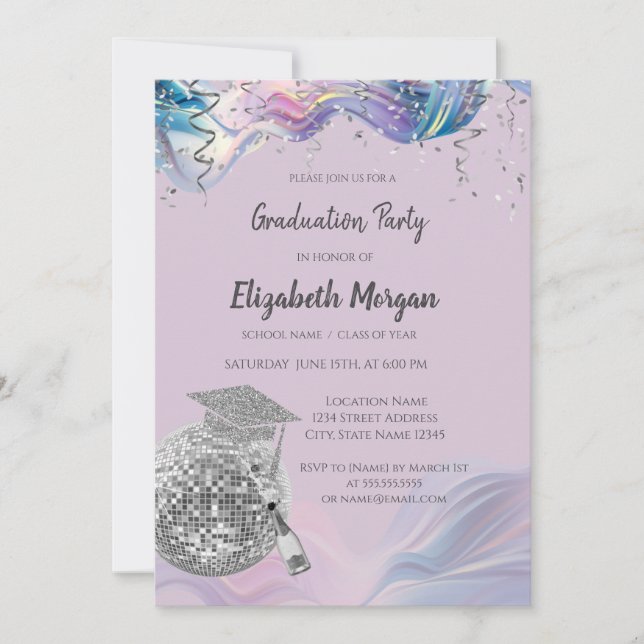 Chic Grad Cap,Disco Ball,Wine Violet Abstract Einladung (Vorderseite)