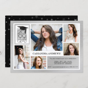 Chic GRAD Cap & Year   Gestricktes Silber   5-Foto Einladung