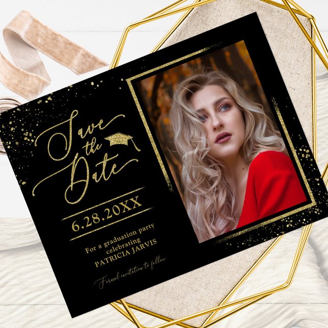 Chic Grad Party Save the Date Festivals Gold Glitz Postkarte (Von Creator hochgeladen)