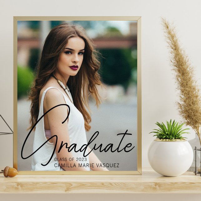 Chic Graduation Photo Black Script Overlay Party Poster (Von Creator hochgeladen)