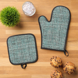 Chic Grau Seafoam Blau Grün Bouclé Webmuster Ofenhandschuh & Topflappen-Set