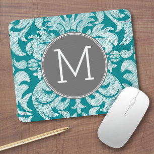 Chic Grau und Aquamarin Damask Muster Custom Monog Mousepad