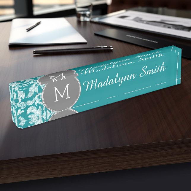 Chic Grau und Aquamarin Damask Muster Custom Monog Namensplakette (Personalized Name Plate for the Office, School or Home)