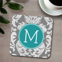 Chic Grau und Aquamarin Damask Muster Custom Monog