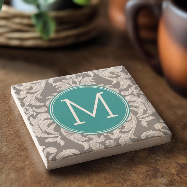 Chic Grau und Aquamarin Damask Muster Custom Monog Steinuntersetzer (Custom Stone Coaster)