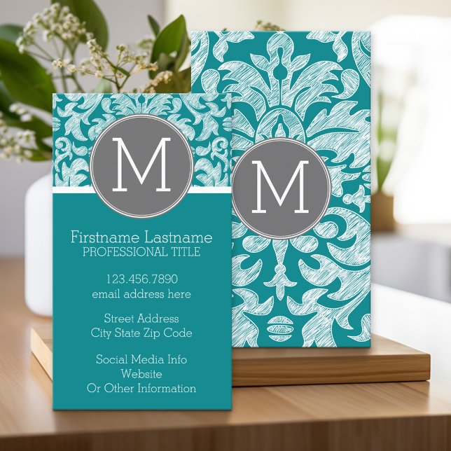 Chic Grau und Aquamarin Damask Muster Custom Monog Visitenkarte (Custom Printed Business Card)