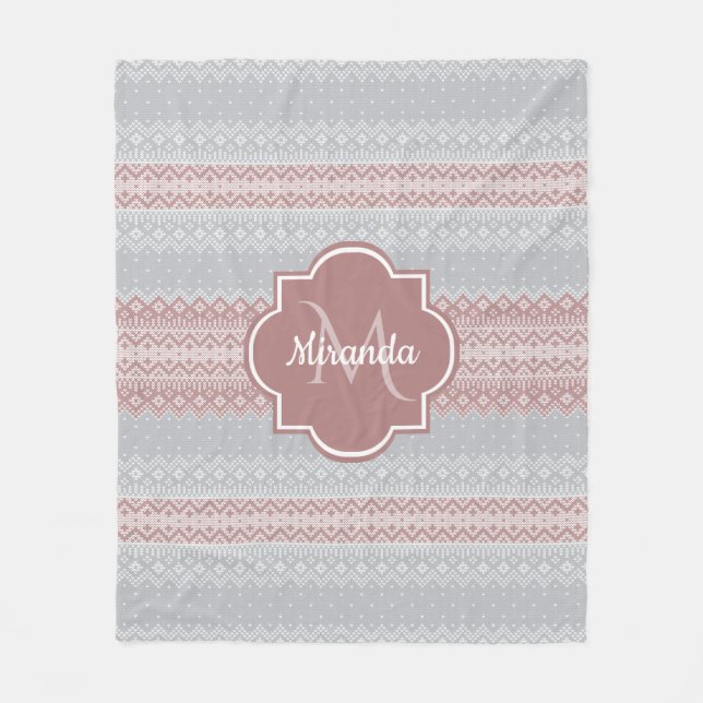Chic Grau und Dusky Pink Strick Streifen und Monog Fleecedecke (Vorderseite)